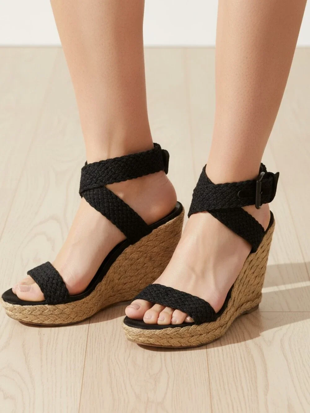 Stuart Weitzman Black Tan Woven Espadrille Wedges | Regular US10